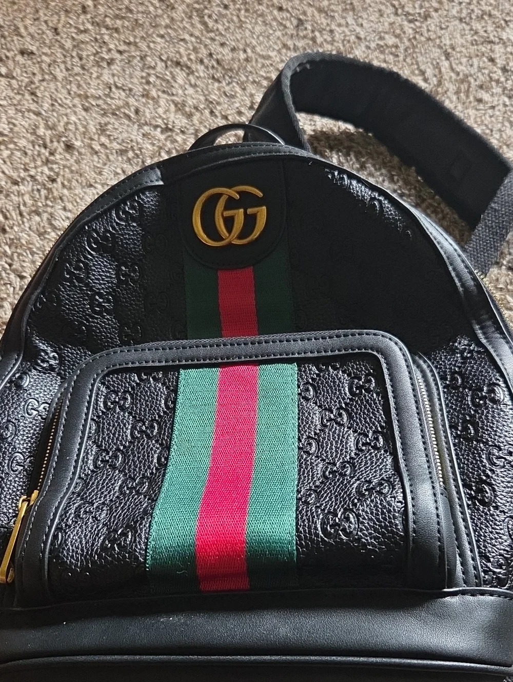 Gucci Black Leather Backpack with Green and Red Web Stripe